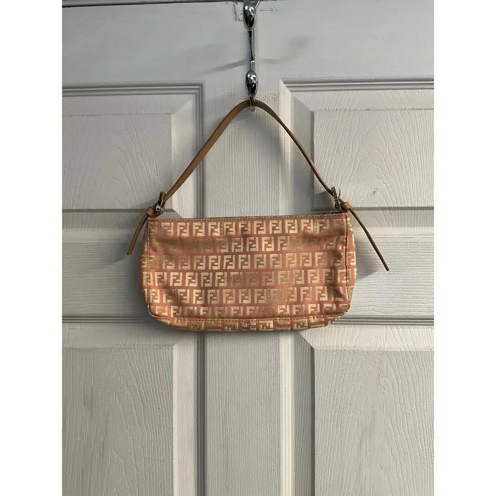 Fendi Vintage Pink Gold Zucchino FF Monogram Pochette Shoulder Bag